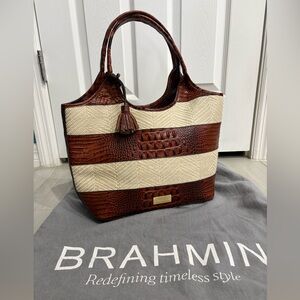 Brahmin Shopper Purse in Pecan Melbourne Combo Straw & Croc-embossed Leather